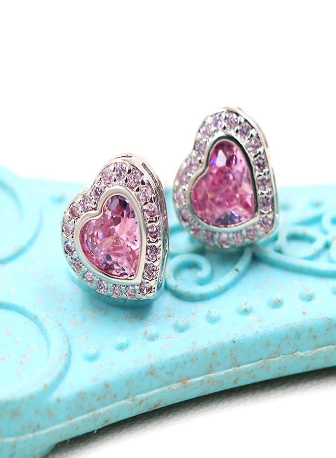 Tobestu White Gold Plated Pink Heart Stud Earrings Cubic Zirconia Crystal Love Heart Halo Post Studs Earrings Set for Women Y4135 - Image 3
